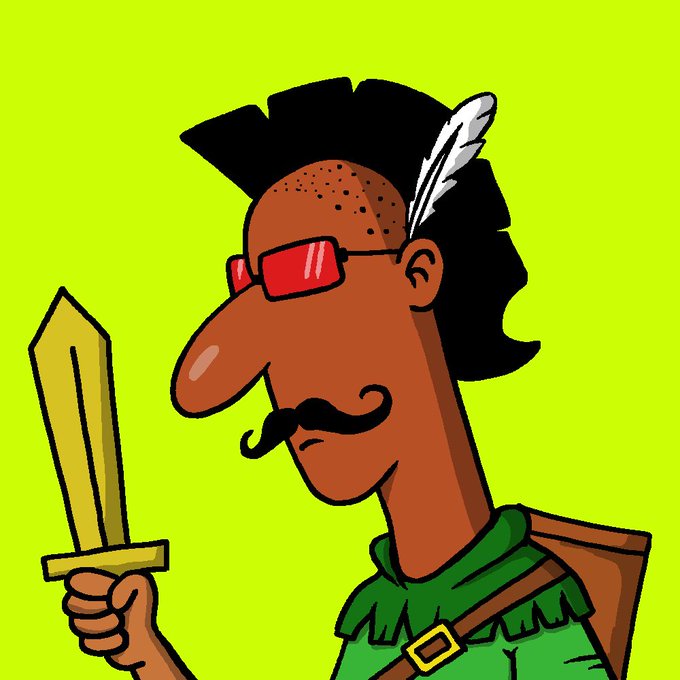 A cartoon illustration of a rugged character with a large nose, mustache, red sunglasses, feathered headband, and green shirt, holding a golden sword against a bright green background.