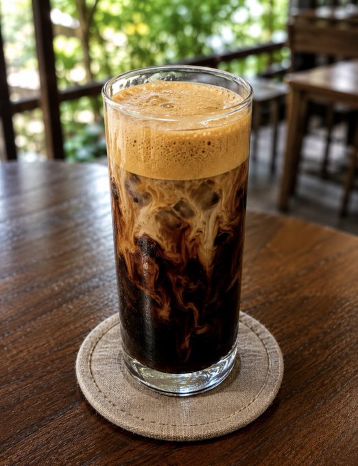 A tall glass of iced coffee with a frothy top sits on a cork coaster on a wooden table, with a blurred outdoor patio visible in the background.