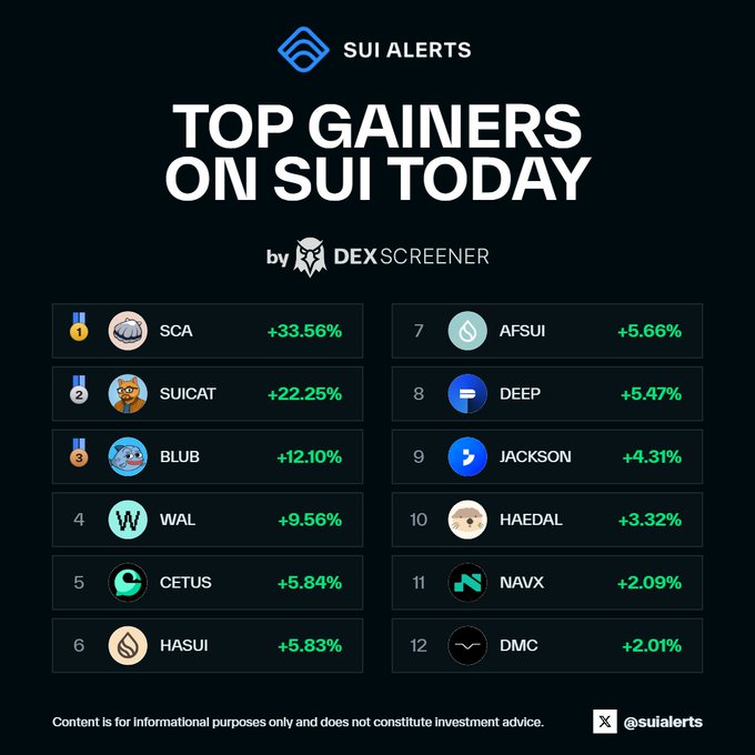 Sui Alerts 'Top Gainers on Sui Today' leaderboard by DEX Screener, led by SCA (+33.56%) and SUICAT (+22.25%), followed by BLUB, WAL, CETUS, HASUI, AFSUI, DEEP, JACKSON, HAEDAL, NAVX, and DMC. Top 3 are marked with medal icons.