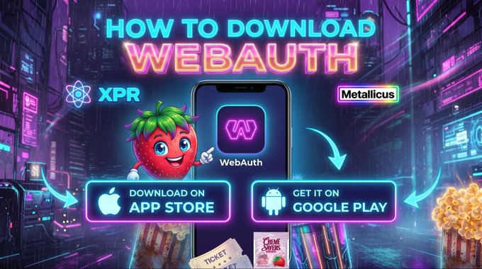 A neon-styled promotional graphic titled "HOW TO DOWNLOAD WEBAUTH" showing a smartphone with the WebAuth app, XPR and Metallicus logos, and download buttons for the App Store and Google Play.