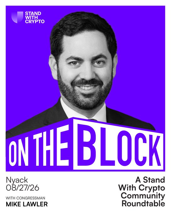 A promotional graphic on a purple background features Congressman Mike Lawler with the 'Stand With Crypto' logo and text reading 'ON THE BLOCK,' dated Nyack 08/27/26, advertising a crypto community roundtable.