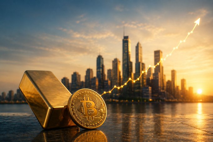 A financial image showing a gold bar and Bitcoin coin on a wet surface with a city skyline at sunset, featuring an upward-trending arrow graph indicating rising value.
