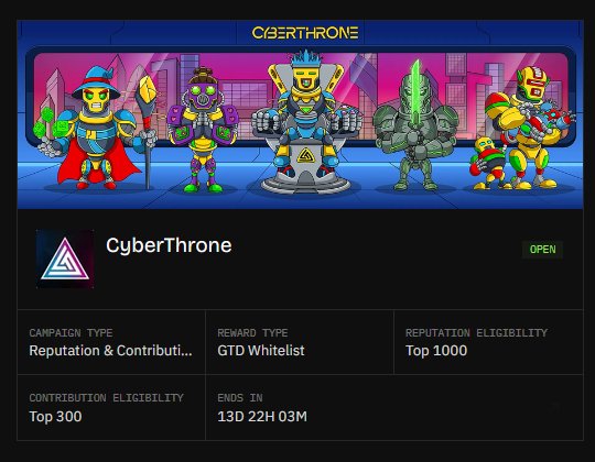 A promotional banner for 'CyberThrone' displays five pixel-art characters including a warrior, priestess, robot king, green knight, and yellow robot, with details noting a 'Reputation & Contribution' campaign, 'GTD Whitelist' reward, 'Top 1000' reputation eligibility, 'Top 300' contribution eligibility, and '13D 22H 03M' remaining.
