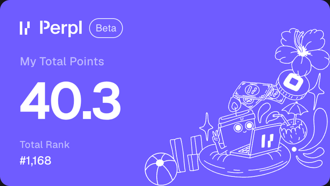 A Perpl Beta app screenshot showing 'My Total Points' of 40.3 and a Total Rank of #1,168, with decorative line-art illustrations of characters and objects on a purple background.