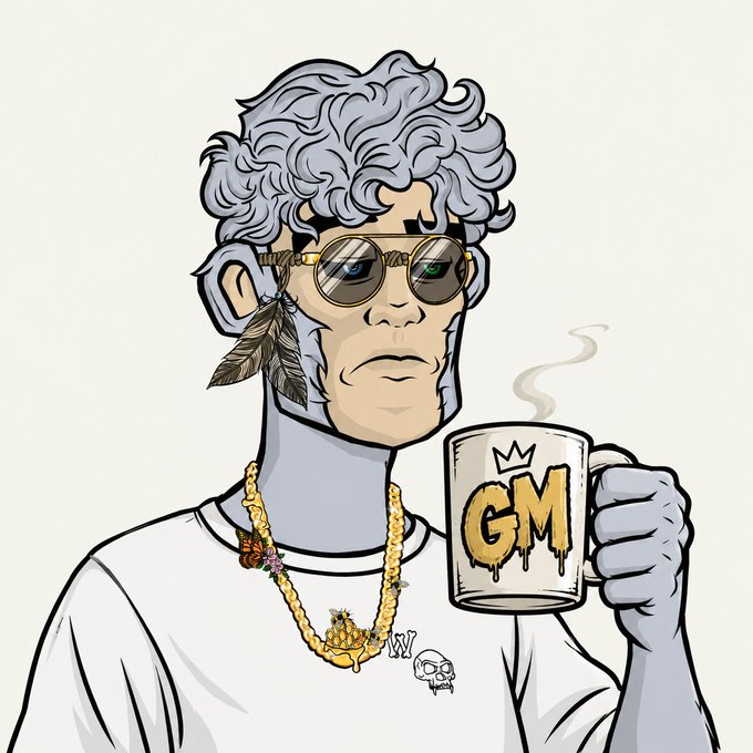 An illustrated monkey character with curly gray hair, sunglasses, and a gold chain holding a white mug labeled 'GM'.