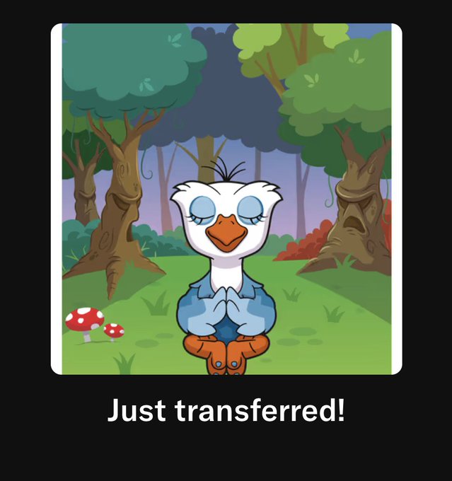 iced coffee with a blue lid, "Just transferred!" written on the side, and a cartoon bird holding an orange cup in its beak.