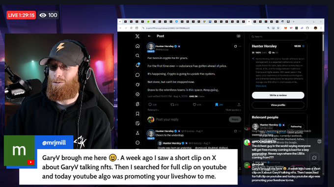 The image shows a livestream with @MrJimii showing a post by Hunter Horsley (@HorsleyHunter) discussing crypto's role in revolutionizing the financial system and advocating against violence in the space, while a viewer comment from GaryV highlights how discovering content about Gary Vaynerchuk talking about NFTs through YouTube recommendations and search results demonstrates the organic spread of NFT-related content to new audiences.