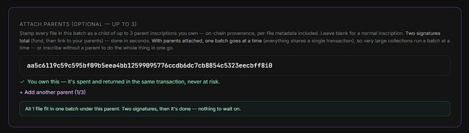 A screenshot of an NFT minting interface with instructions for attaching parents (up to 3), showing a transaction hash input field and options to add another parent.