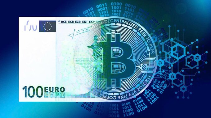 A graphic showing a 100 Euro banknote combined with a Bitcoin logo, surrounded by digital binary code and blockchain-style circuit patterns on a blue background.