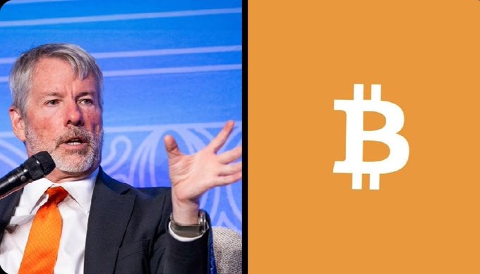 The image shows a man with gray hair and beard, wearing a dark suit and orange tie, speaking into a microphone while gesturing with his hand, alongside an orange panel featuring the Bitcoin (₿) logo. The composition pairs the speaker with Bitcoin's iconic symbol, visually reinforcing the post's message about evolving from simply holding Bitcoin as a treasury asset to actively building financial strategies around it.