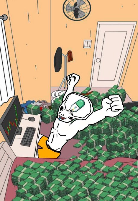 A cartoon meme showing the Wojak 'Gigachad' character triumphantly flexing in a messy room overflowing with stacks of cash.
