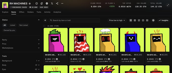 A screenshot of an NFT marketplace called 'RH MACHINES' on Homewood Chain, displaying colorful blocky character NFTs priced in ETH with a floor price of 0.034 ETH.