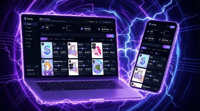 The image showcases the Fuse.trade platform displayed on both a laptop and smartphone, featuring a dark-themed interface with lightning bolt accents, highlighting meme token pairs like "SASS," "Pussy Cat," "Bloxy Cat," and "Squidward Dog" with prices around $175-$196. It visually reinforces the post's claim about Fuse being a leading launchpad on Mainnet, with the dynamic lightning effects suggesting speed and market momentum around the $FUSE token.
