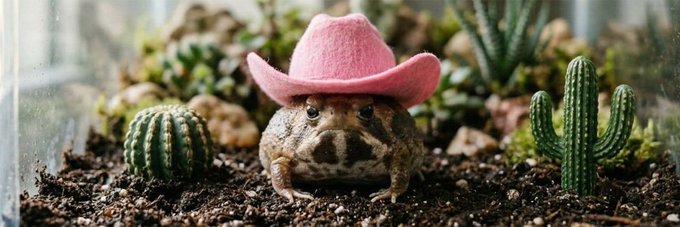 A chubby toad wearing a pink cowboy hat sits in a desert terrarium surrounded by small cacti, fittingly serving as the banner image for the Solana token $MOONY with its quirky, cowboy-themed critter vibe.