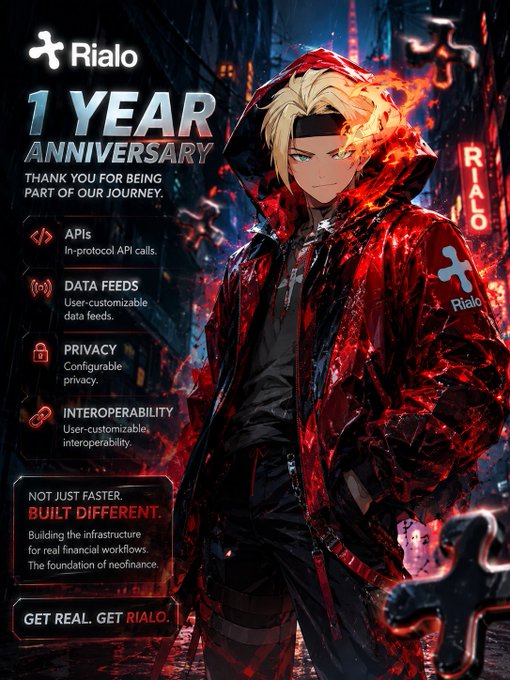 A Rialo 1-year anniversary promotional poster featuring an anime-style blonde character in a red hooded jacket, listing features: APIs with in-protocol API calls, customizable data feeds, configurable privacy, and user-customizable interoperability.
