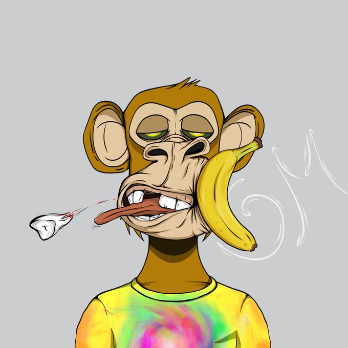A cartoon illustration of a Bored Ape-style monkey character with half-closed eyes, holding a banana and a stick of dynamite in its mouth, wearing a tie-dye yellow shirt.