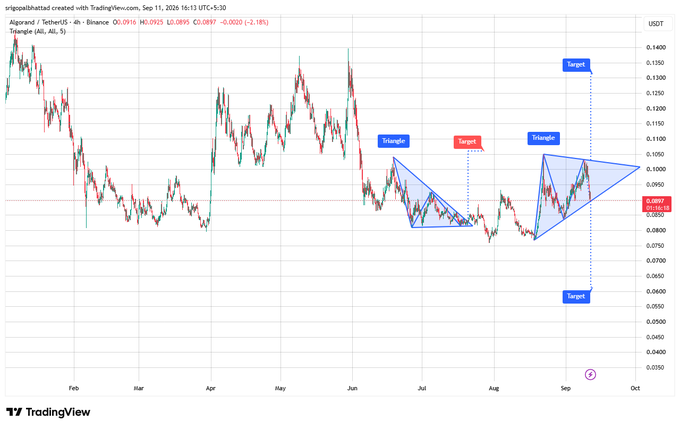A TradingView candlestick chart of the ALT/USDT pair on Binance showing triangle technical patterns with marked entry targets around the $0.0600–$0.1100 range.