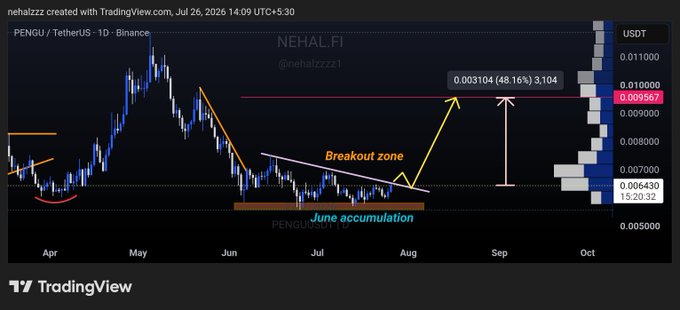 A TradingView chart of PENGU/USDT on Binance shows months of price action with a highlighted "June accumulation" zone and a "Breakout zone" marked near $0.009567, projecting a potential upside target of 0.003104 (48.16%) toward 3,104 at approximately $0.011. The technical setup visually supports the post's claim of quiet accumulation and an impending breakout that could drive PENGU above $0.010.