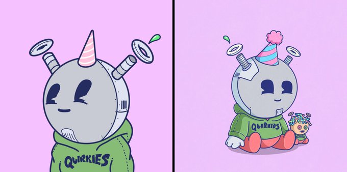 Two cartoon mascot characters from "Quirkies" wearing party hats on a pink background.