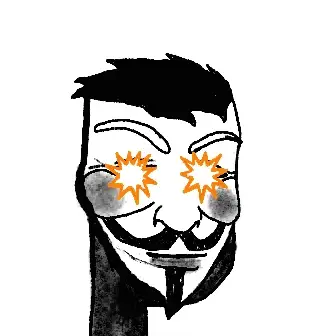 A black and white cartoon drawing of a man with a goatee, closed eyes, and orange star-shaped pupils, smiling broadly.