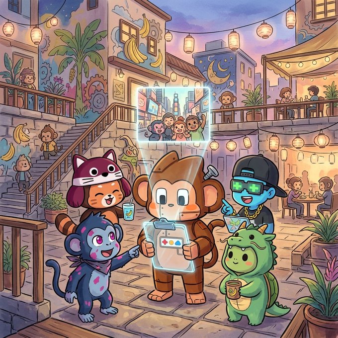 A colorful cartoon illustration of NFT-style monkey and animal characters hanging out in a lively marketplace setting, with one character displaying a holographic photo above its head.