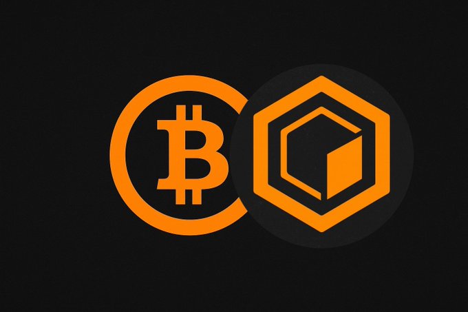 Orange Bitcoin and a hexagonal coin logo displayed on a black background.