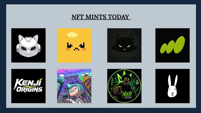 A grid of eight NFT project thumbnails under the heading "NFT MINTS TODAY," featuring logos and artwork for Initia, Yolkies, Nibblins, Hood, Kenji Origins, Lost Beings, and Hood Citizens, which corresponds to the listed mints and their prices.