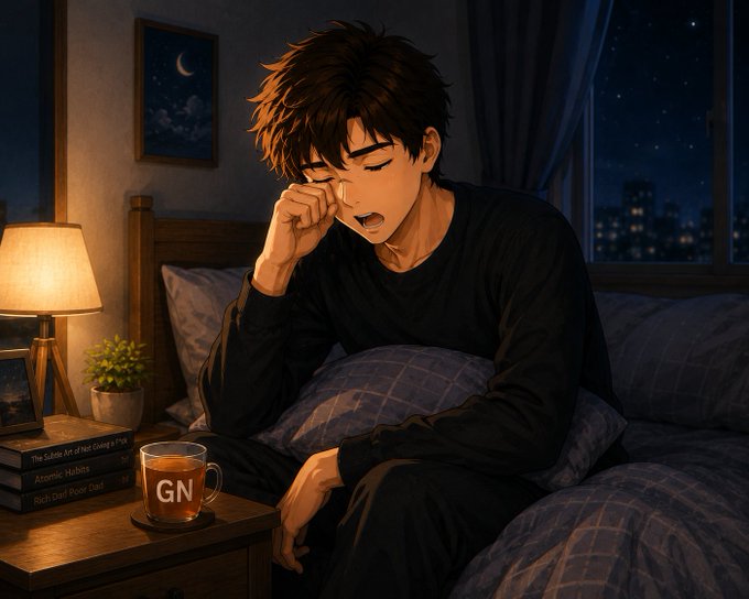 An anime-style illustration of a young man sitting on a bed at night, wiping his eye, with a 'GN' mug on the nightstand beside books like 'Atomic Habits' and 'The Subtle Art of Not Giving a F*ck'.