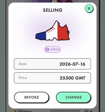A mobile game interface showing a 'SELLING' popup for a map-shaped NFT (resembling Australia) valued at 47420, priced at 25500 GMT, with 'REVOKE' and 'CHANGE' buttons.