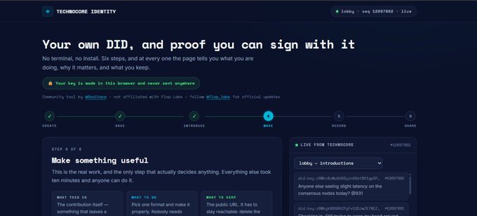 A screenshot of the 'TECHNOCORE IDENTITY' website describing decentralized identity (DID) with the tagline 'Your own DID, and proof you can sign with it' and a 6-step process tracker.