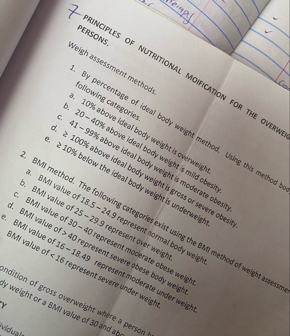 A close-up photo of an open textbook showing a page titled 'PRINCIPLES OF NUTRITIONAL MOIFICATION FOR THE OVERWEIG...' listing weigh assessment methods including ideal body weight percentages and BMI categories.