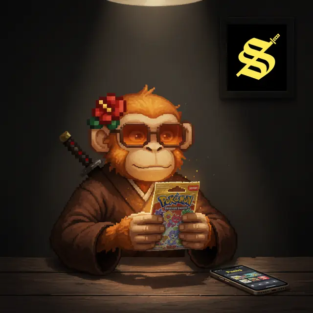 Digital artwork of a monkey wearing sunglasses and a flower, dressed in a robe and holding a Pokemon trading card booster pack, with a logo reading 'SS plus' on the wall.