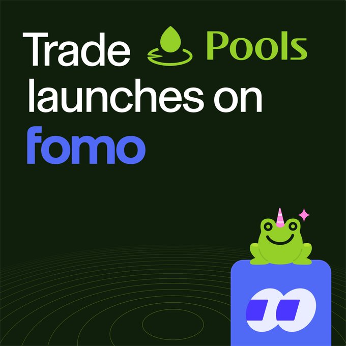 A promotional graphic announcing "Trade Pools launches on fomo" featuring a green droplet logo for Trade Pools, a blue "fomo" brand name, and a cute green frog mascot with a unicorn horn sitting on a blue icon in the bottom right, set against a dark green background with subtle ripple patterns.