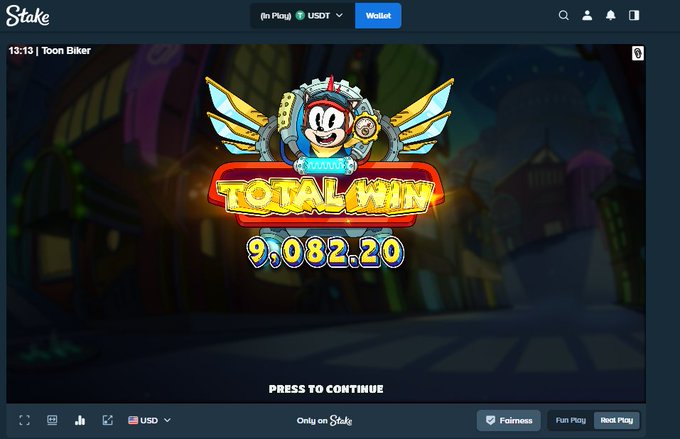 A screenshot from Stake casino showing a "Total Win" screen of $9,082.20 on the slot game "Toon Biker," which the user is sharing as evidence of their big win to promote a giveaway.