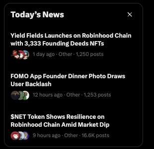 A dark-themed mobile app screen titled "Today's News" showing headlines like "Yield Fields Launches on Robinhood Chain with 3,333 Founding Deeds NFTs" and "FOMO App Founder Dinner Photo Draws User Backlash".