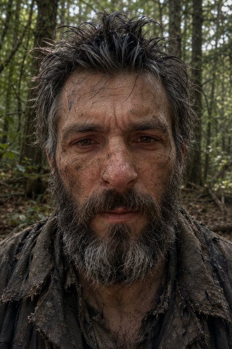 The image features a man with a beard and mustache wearing a dirty jacket or shirt, standing in front of trees. The man appears to have been wandering through the woods, as suggested by the accompanying text that reads "Someone has seen this man wandering the woods. Last seen a month ago. Answers to the name Beni, God of $EGLD Rumors suggest he's been surviving on supernova hopium, countdowns and economics models." The image seems to be related to an online post or social media post about the man in question.