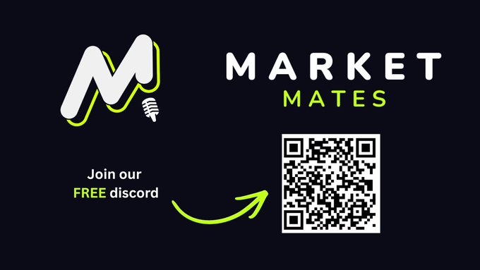 A promotional graphic for 'Market Mates' features a stylized M logo with a lightbulb, inviting viewers to join a free Discord via a QR code.