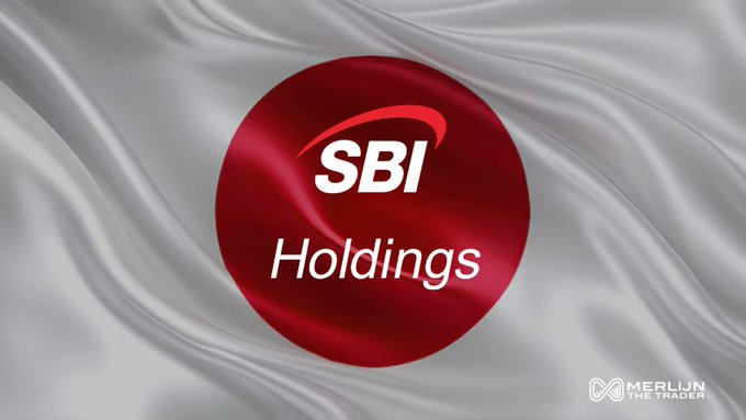 The SBI Holdings logo in red on a white silk fabric background, with a 'MERLIJN THE TRADER' watermark in the corner.