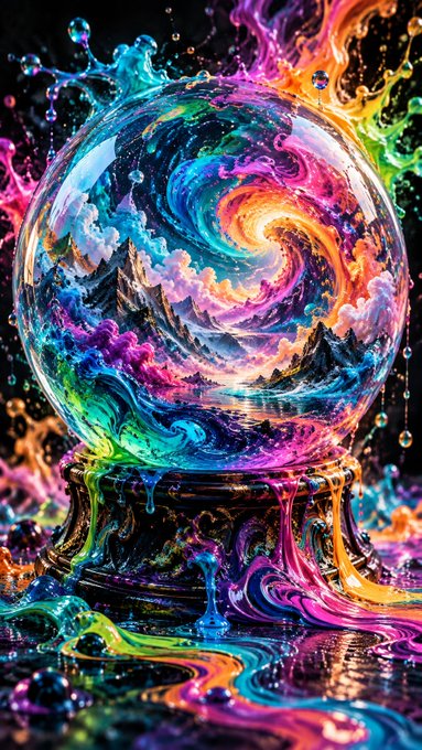 A vivid fantasy-style crystal ball filled with swirling multicolored paint and cloudlike patterns, set on an ornate dripping base against a black background.