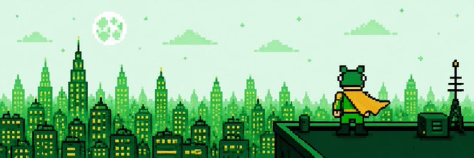 Pixel art style illustration showing a green-skinned superhero figure wearing a yellow cape, standing on a rooftop overlooking a green-tinted cityscape under a moonlit sky.