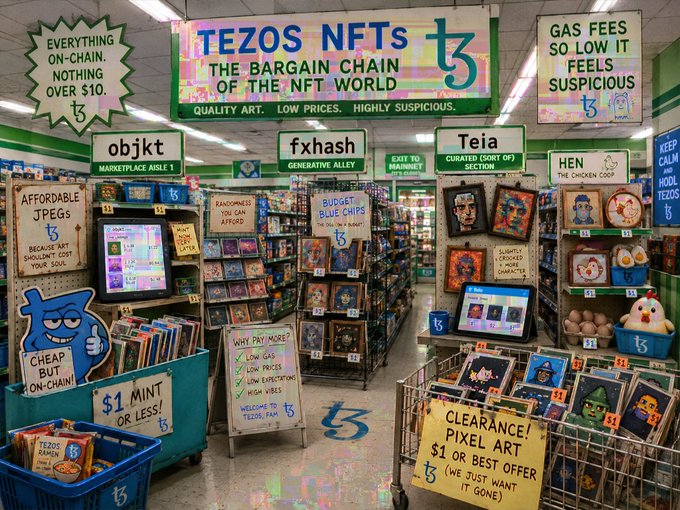 A humorous mock dollar store display advertising 'TEZOS NFTs - THE BARGAIN CHAIN OF THE NFT WORLD' with signs like 'EVERYTHING ON-CHAIN. NOTHING OVER $10,' '$1 MINT OR LESS!', and 'CHEAP BUT ON-CHAIN' featuring Tezos branding.