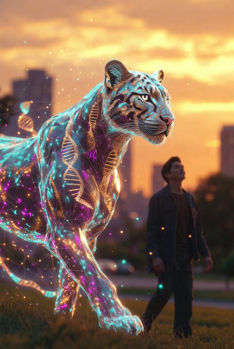 The image features a man walking through a park while wearing a jacket with a large diamond pattern on it. In the background, there's a tiger-like creature that appears to be glowing with blue and purple lights, giving it an otherworldly appearance. The caption of the image reads "Holochain is the loyal companion that stays by your side forever. It lives on your device, keeps your data safe, and connects you directly with others - no corporations, no heavy chains, just freedom and privacy".