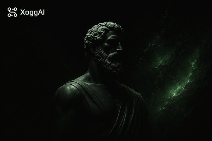A dark, moody image features a classical marble-style bust of a bearded figure illuminated by a green, nebula-like glow, evoking a sense of ancient power and cosmic ambition. The text "XoggAI" appears in the top-left corner, reinforcing the post's theme of building on the Base platform to capture attention and forge a lasting presence in the evolving crypto space.