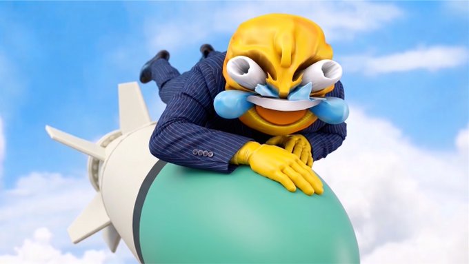 A cartoon character with a large mustache and yellow skin rides atop a missile in a 3D-rendered scene against a cloudy blue sky.