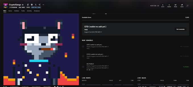 A screenshot of the CryptoGangs marketplace shows a pixel-art grey character listing titled "GTD (wallet no add yet)" with 5,000 spots, featuring a "Mint Schedule" that is fully scheduled and sold out, supporting the giveaway announcement for 2 free spots.