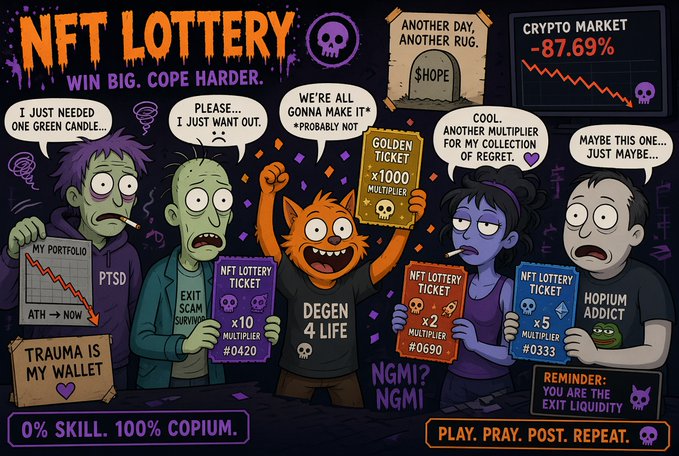 A cartoon poster titled "NFT LOTTERY" shows crypto-themed characters and text including "WIN BIG. COPE HARDER.," "CRYPTO MARKET -87.69%," "DEGEN 4 LIFE," "0% SKILL. 100% COPIUM.," and "PLAY. PRAY. POST. REPEAT."