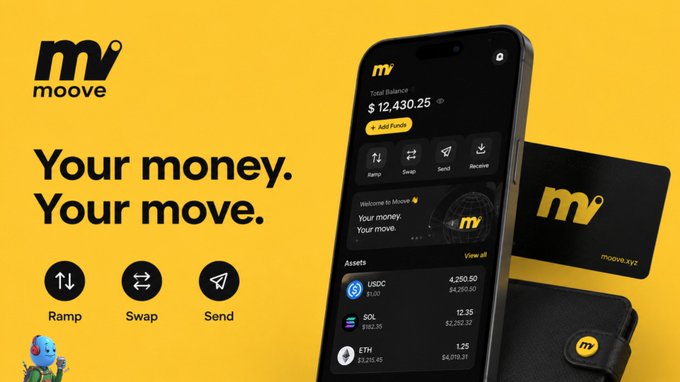 An advertisement for the 'moove' crypto app with the tagline 'Your money. Your move.' showing a phone displaying a balance of $12,430.25 and features like Ramp, Swap, and Send.