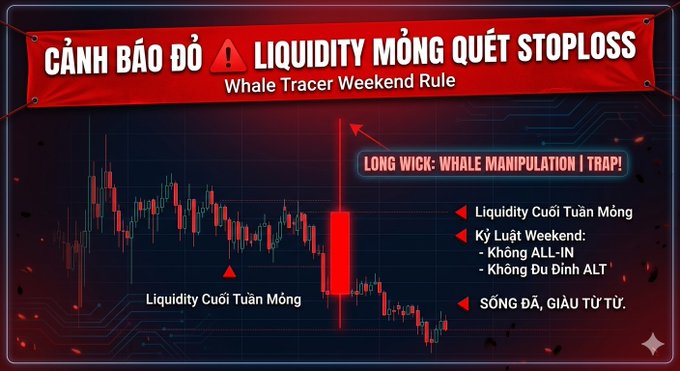 A red and black financial trading graphic titled 'CẢNH BÁO ĐỎ - LIQUIDITY MỎNG QUÉT STOPLOSS' featuring a candlestick chart and text about 'Whale Tracer Weekend Rule'.