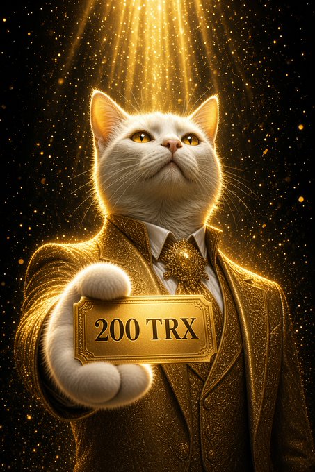An AI-generated illustration of a white cat wearing an ornate golden suit, holding a gold plaque that reads '200 TRX' against a sparkling golden background.