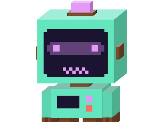 A pixel art illustration of a green and pink robot character with a digital display face showing pink eyes.